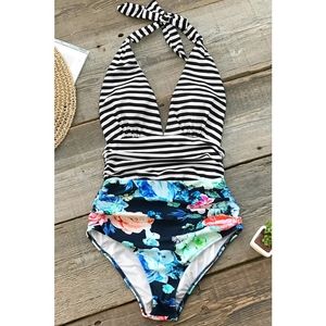 Floral & Strip Halter Swim Suit